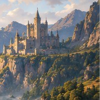 A close-up detail of a cliffside castle in warm afternoon light