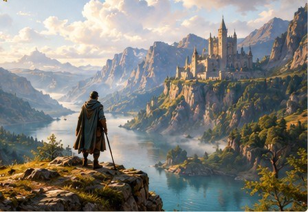 A painted fantasy vista of a river valley leading to a cliffside castle
